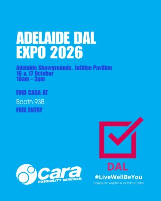 💙 We'll be at the @dalexpoau !
Come visit the Cara team, ask questions, explore support options and find out more about life at Cara.📍 Adelaide Showground, Wayville
⏰ Friday 16th & Saturday 17th October, 10am – 3pm
🎟️ FREE ENTRY👋 Stop by and say hello! We'll be at booth 93B!#CaraPossibilityServices #WhereDisabilityIsDifferent #DALExpo #LiveWellBeYou #Adelaide #NDIS #DisabilityCommunity
