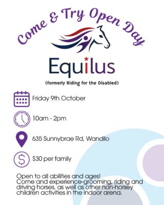 🐴✨ Ever wanted to meet, groom or ride a horse?
@equilusinc (formerly Riding for the Disabled) is hosting a Come & Try Open Day for people of all ages and abilities!📅 9 October
⏰ 10am – 2pm
📍 Wandilo, SA
💰 $30 per familyA day of horses, fun activities and community connection awaits. 💙#CaraPossibilityServices #WhereDisabilityIsDifferent #Equalis #HorseRiding #CommunityConnection #LimestoneCoast #GoodTimes