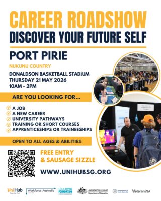 PORT PIRIE 📢💜
We’re heading to the Career Roadshow!
🕙 Thursday 21 May, 10am – 2pm
📍 Donaldson Basketball Stadium
🌭 FREE entry + sausage sizzleLooking for a career with purpose? Come meet the team and become one of our possible people ✨
👉 link in bio@unihubsg
#Cara #CareersAtCara #PortPirie #SAJobs #MakeADifference #Inclusion #CommunityCare