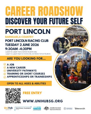 We’re heading to the Career Roadshow Port Lincoln! 💜✨
📍 Port Lincoln Racing Club
🗓️ Tues 2 June
🕤 9:30–1:30 (students only)
🕜 1:30–4:30 (open session)
🌭 FREE entry + sausage sizzleLooking for a career with purpose? Come meet the team and become one of our possible people 🙌
👉 link in bio@unihubsg
#Cara #CareersAtCara #PortLincoln #SAJobs #MakeADifference #Inclusion #CommunityCare